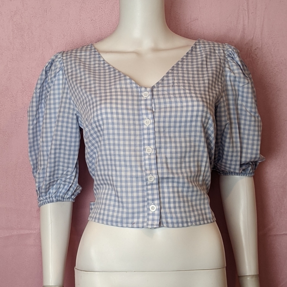 Daisy Street Dolls Kill Blue and White Gingham Tie Back Button Up Crop Top